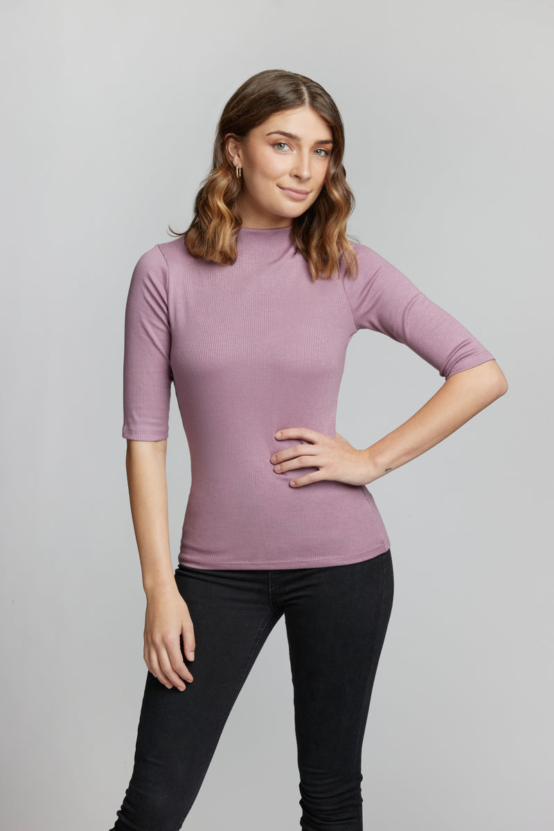 Half Sleeve Funnel Neck Ribbed Top Ultra Lightweight and Soft Feel.